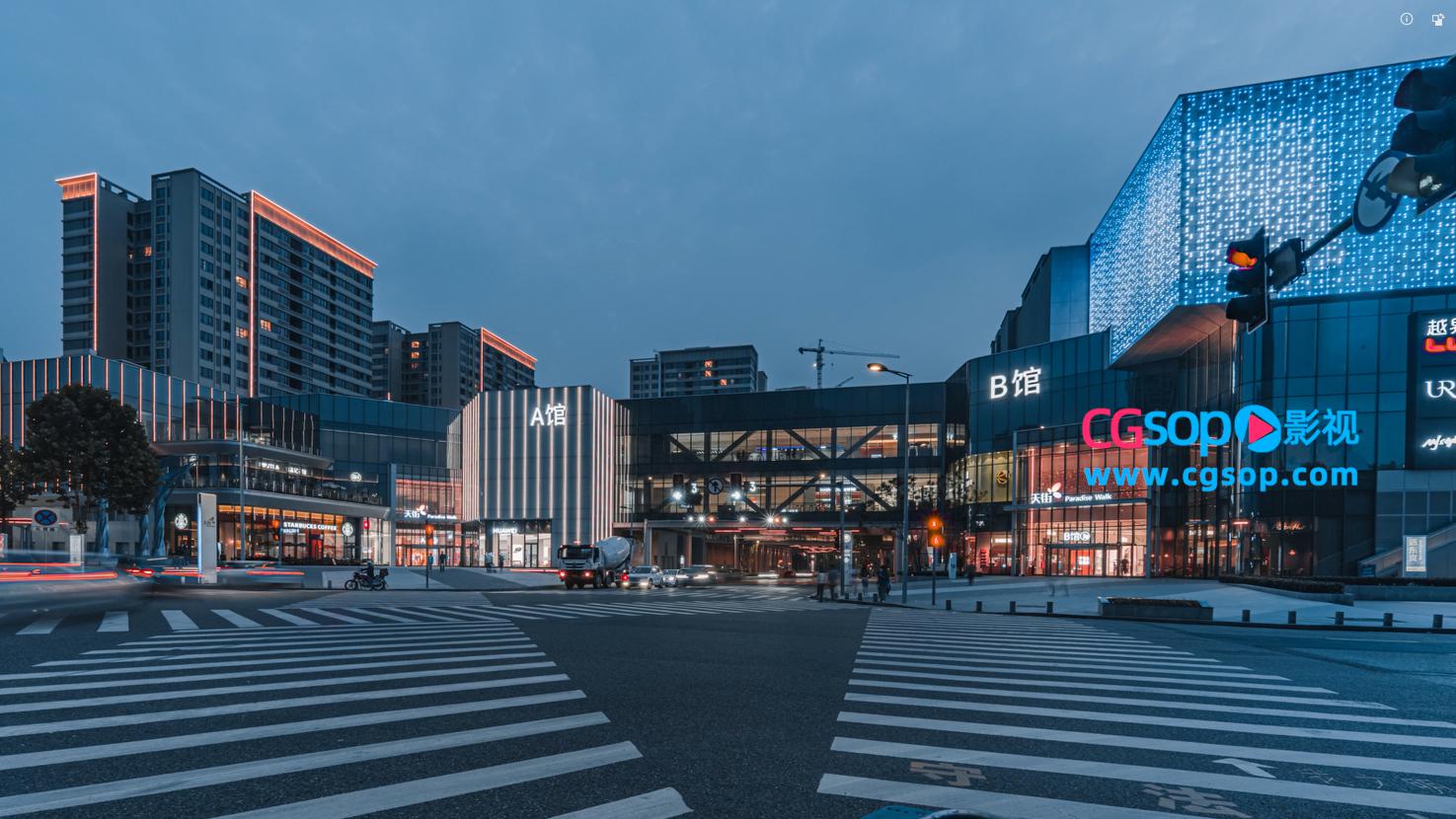 银橙色调购物商场夜景灯光人流车流延时