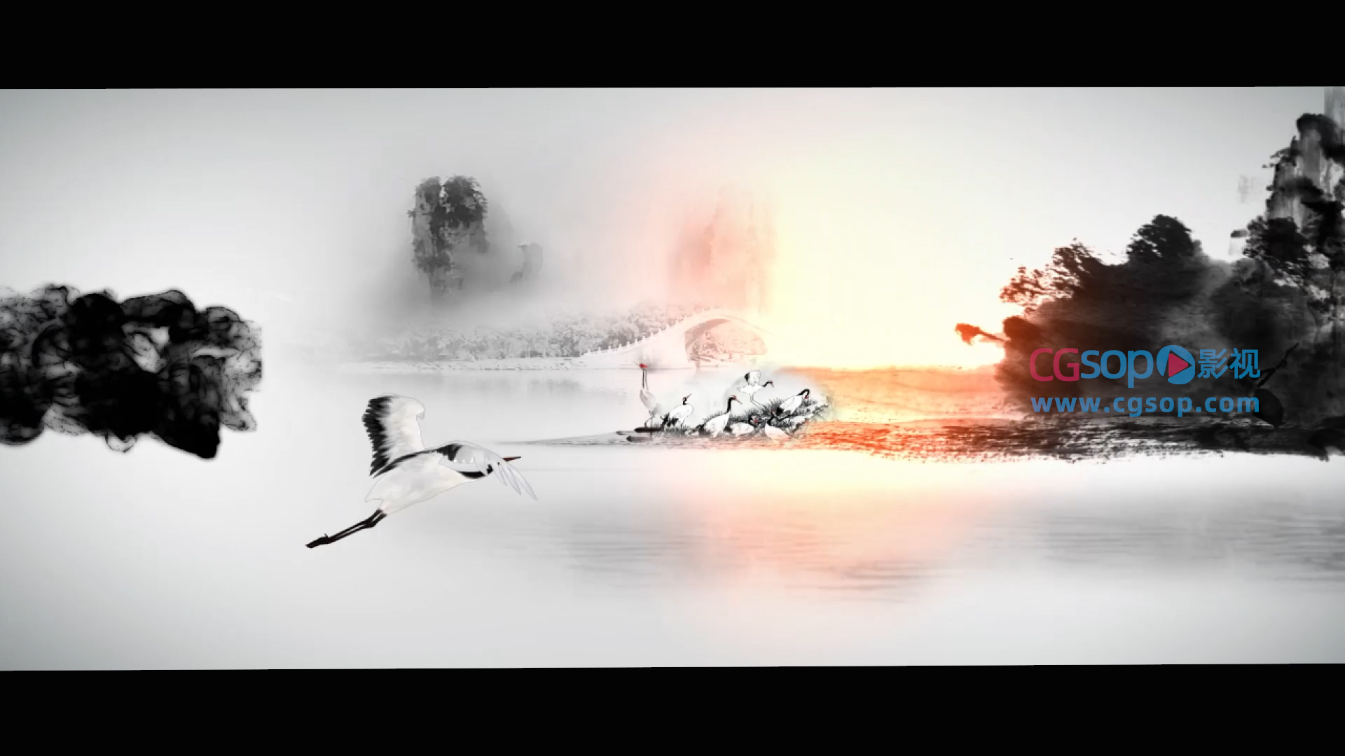 水墨晕染白鹤书法展示片头片尾logo展示