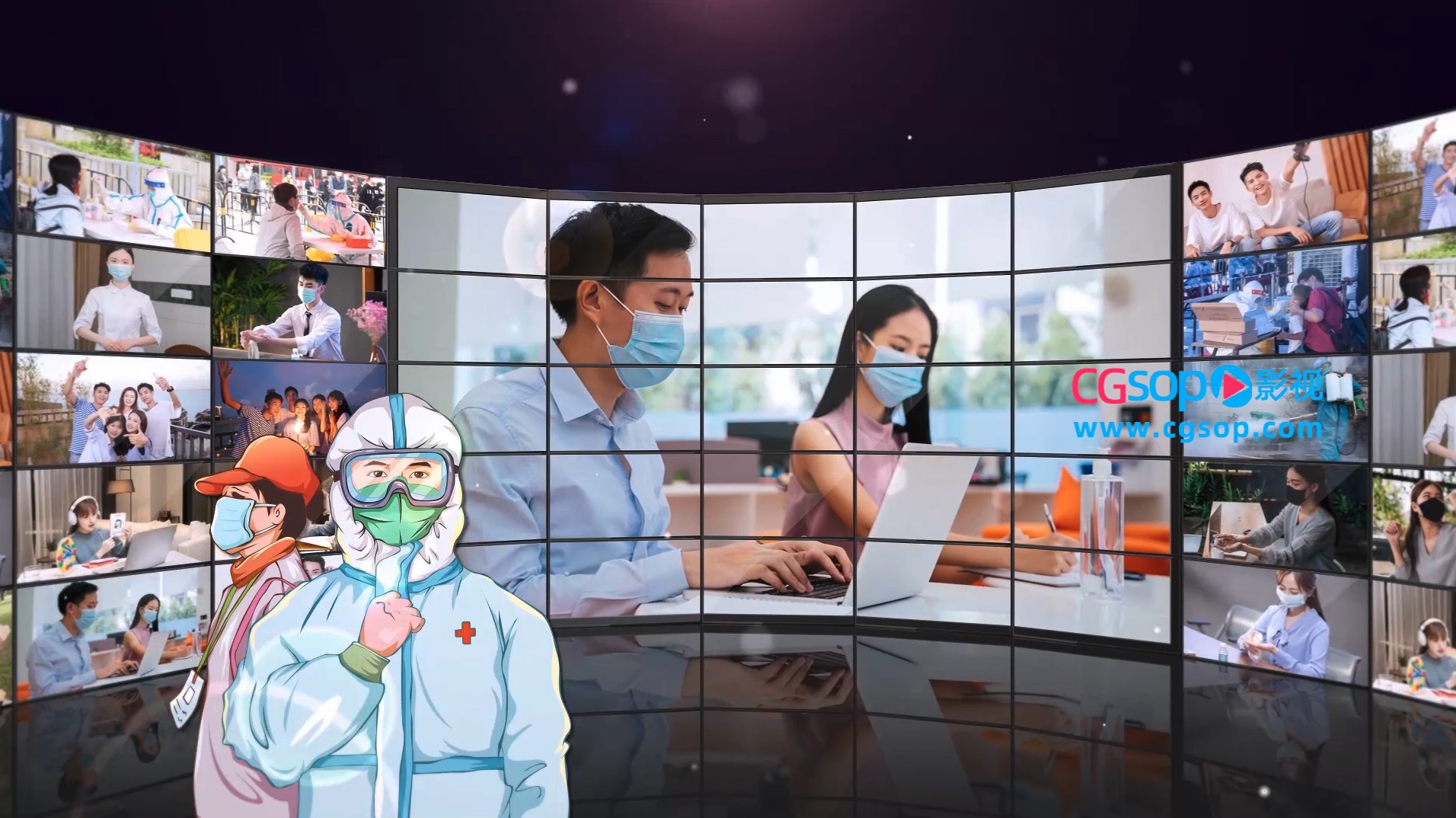 抗击疫情3D弧形滚动照片墙AE模板