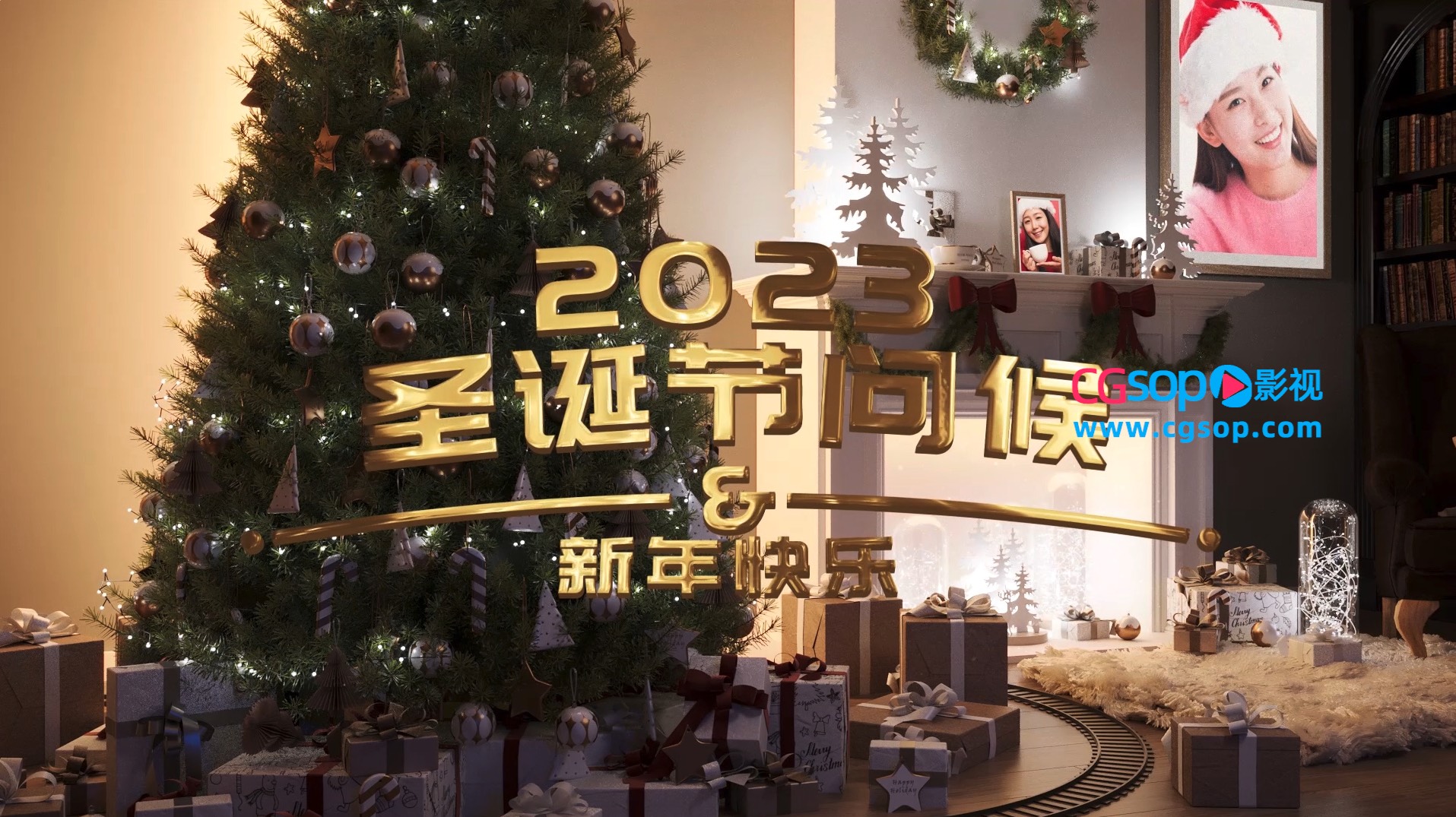 温暖室内场景圣诞节问候标题动画AE模板