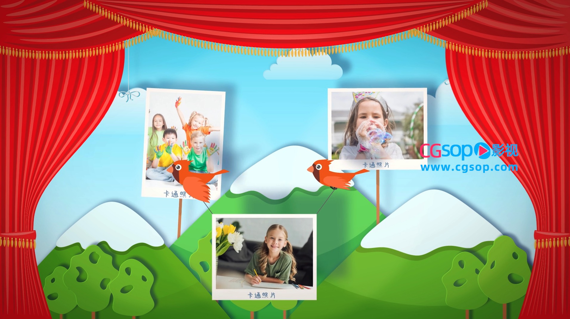 小朋友木偶戏剧院卡通照片展示动画AE模板