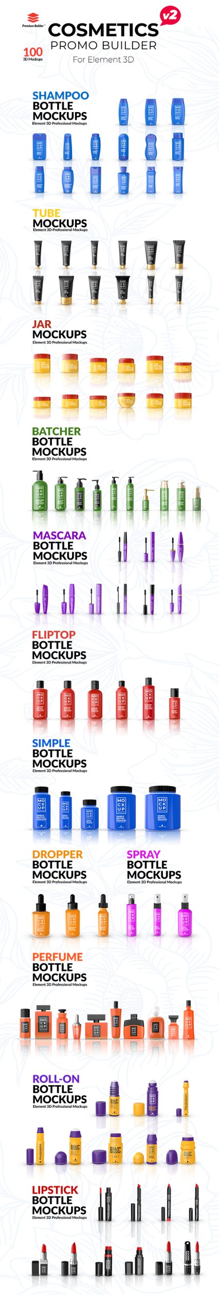 100种三维化妆产品包装瓶宣传展示动画AE模板/脚本 Cosmetics Promo Builder