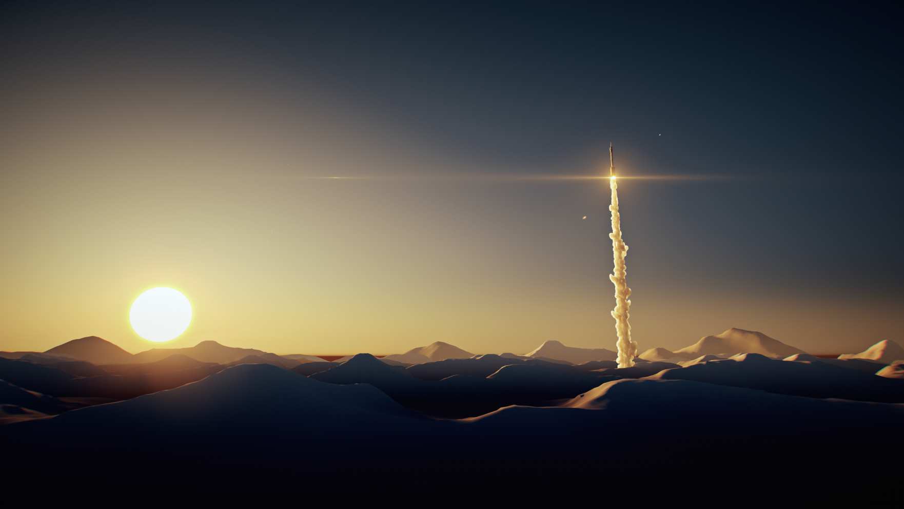 黄昏中火箭在升空