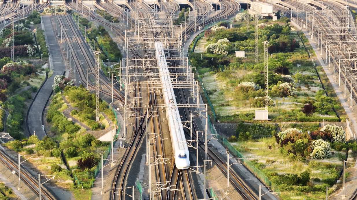 航拍高铁和谐号行驶城市