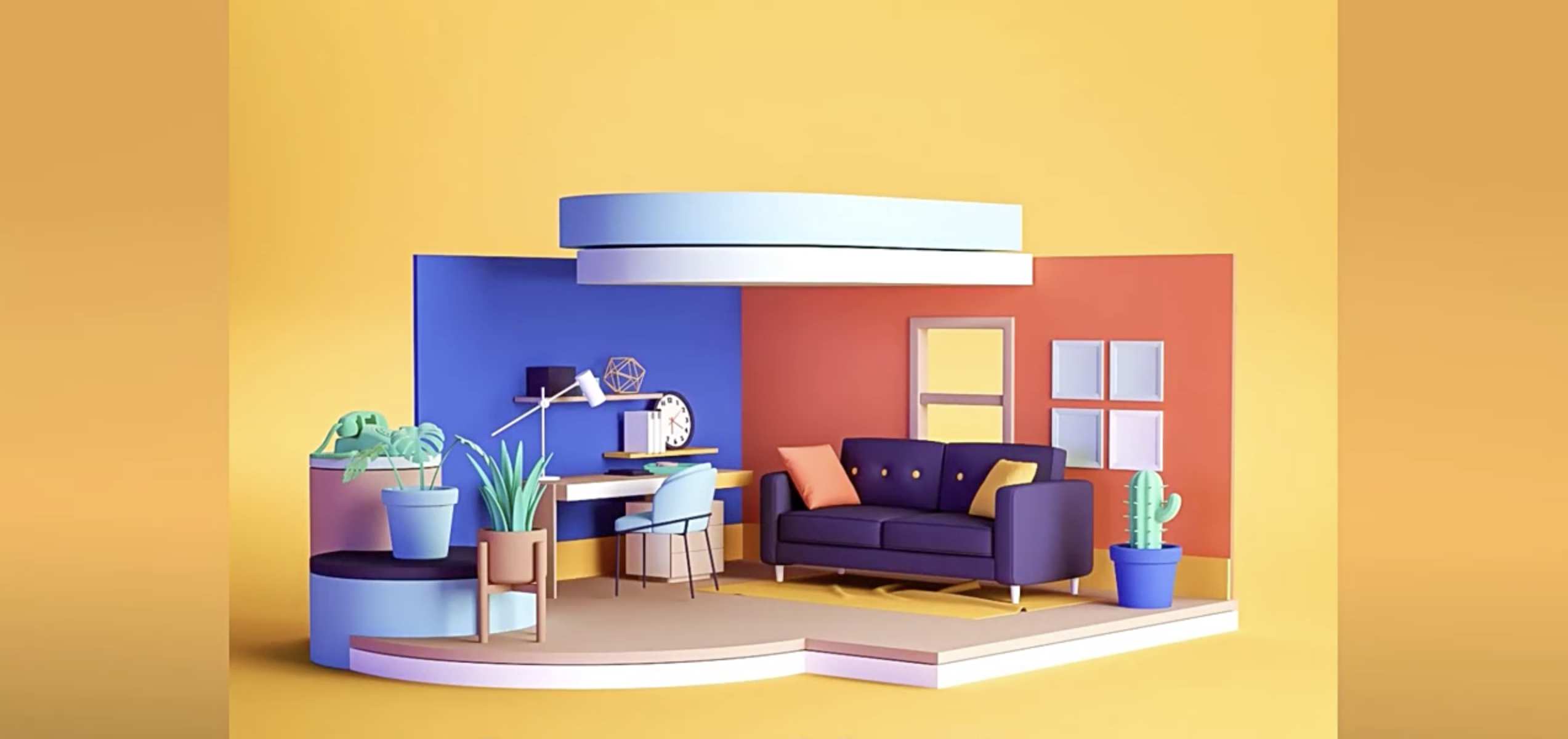 C4D教程-创建卡通动态图形室内房间场景动画