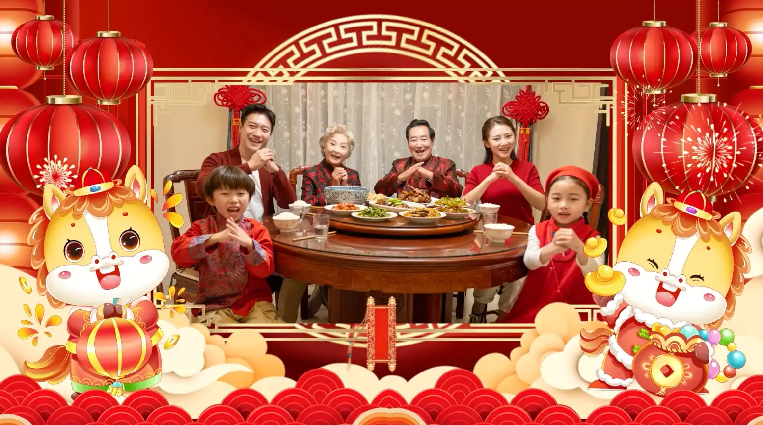 马年卡通形象春节祝福拜年框AE模版